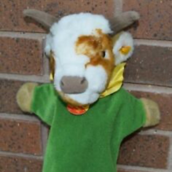 Vtg Steiff Bull Hand Glove/Puppet Plush & Trevira Velvet w/Botton EAN 253867